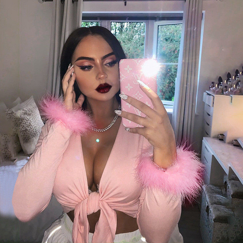 Áo thun gọn gọn sexy áo thun tay dài phong cách áo thun với tóc dây cho phụ nữ