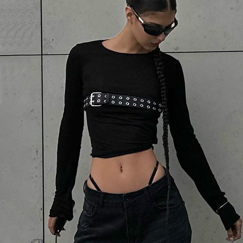 Thời trang Spice Sexy T-Shirt chặt Thòng cổ Slim tay dài T-Shirt Mô hình rắn