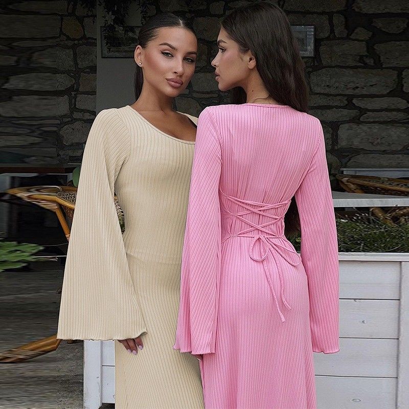 Đồ ăn mặc đẹp tay dài Slim U Neck Back Lace Up Solid Color Long Sleeve Dresses
