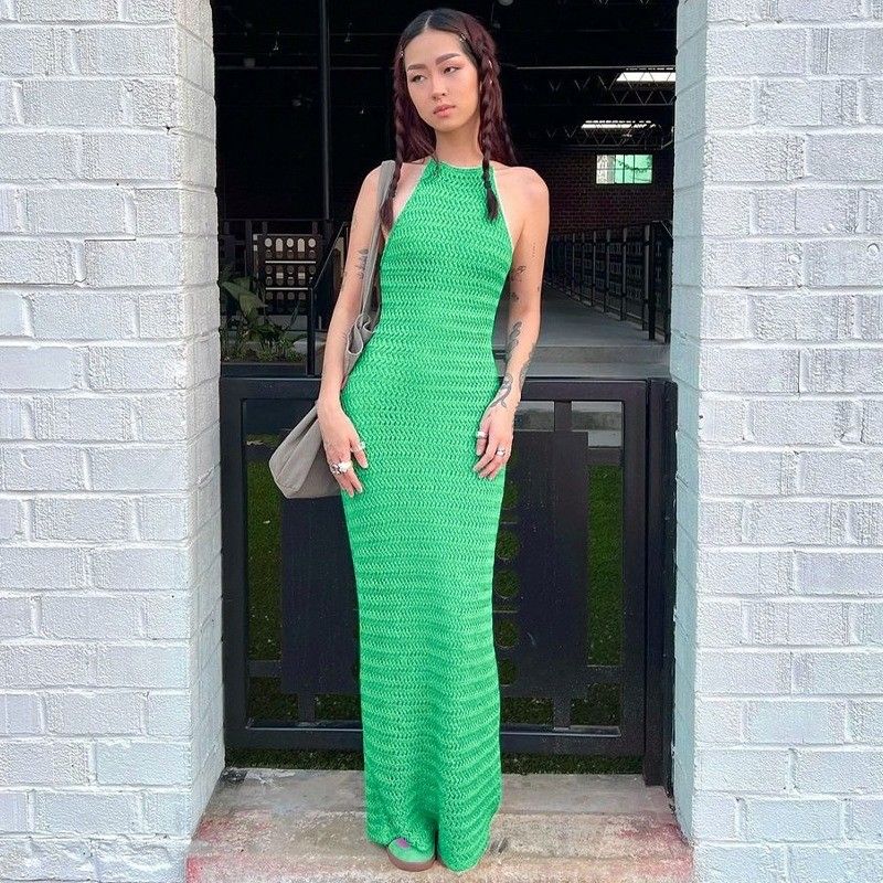 Màu sắc rắn váy thêu mỏng phong cách Slim gợi cảm thở không lưng Đá lên váy