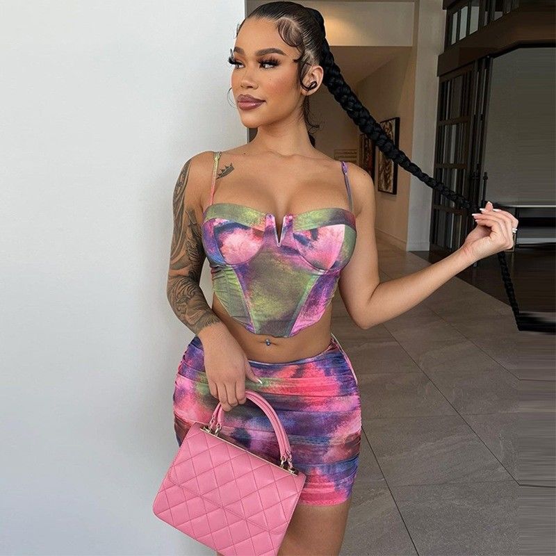 Fashion Crop Top Short Skirt Set Print Halter Slim Fit 2 bộ váy ngắn