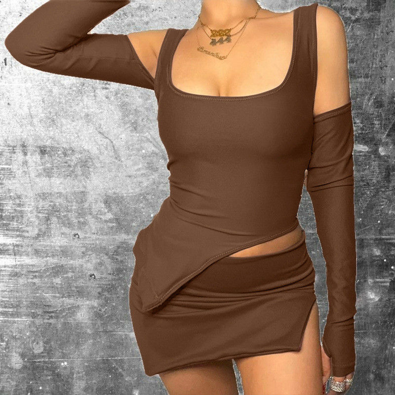 Phụ nữ du lịch giải trí trang phục thể thao sexy U cổ Slim Split váy ngắn và bộ trên