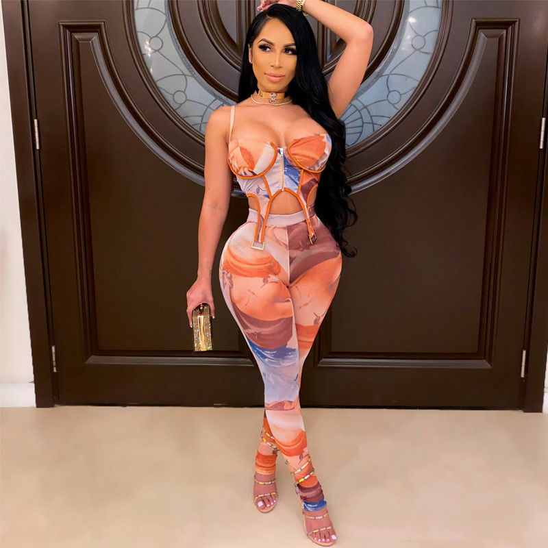 Zipper Print Trang phục tập thể dục sexy Halter Tank And Pants Casual Sexy Gym Wear