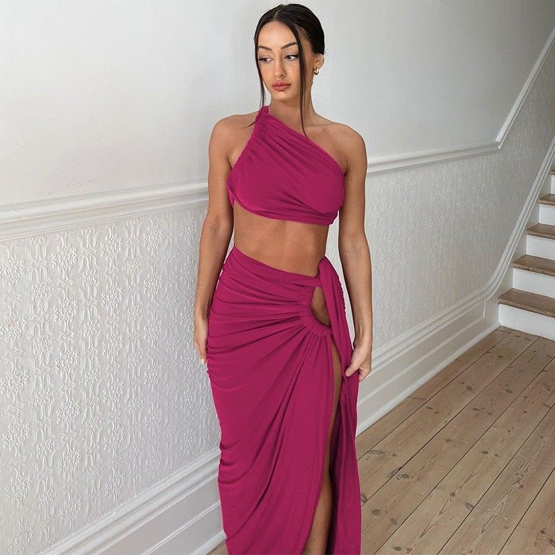 V Neck Women's Short Sleeve Dress Collection Sexy Backless Strapless Top Slim Split Skirt Set (Số quần áo phụ nữ tay ngắn)