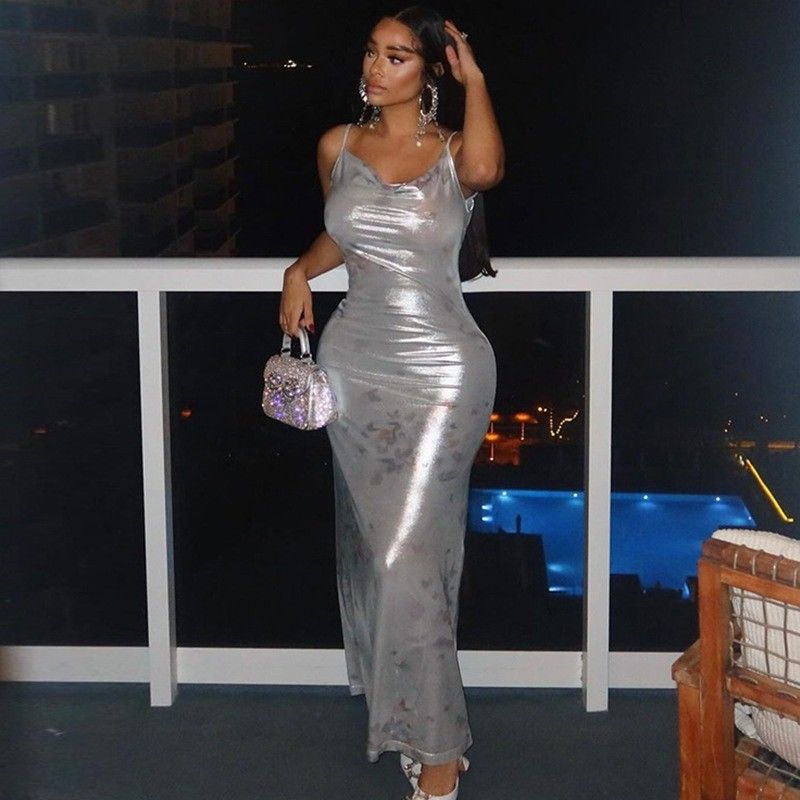 Tay áo ngắn Đồ mặc nữ phong cách in ấn Sexy Backless U Neck Slim Halter Dress